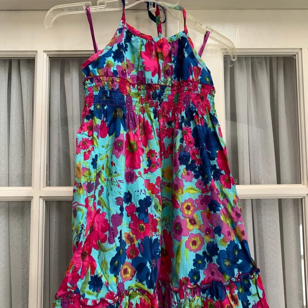 Girls turquoise/navy/pink flower print sun dress